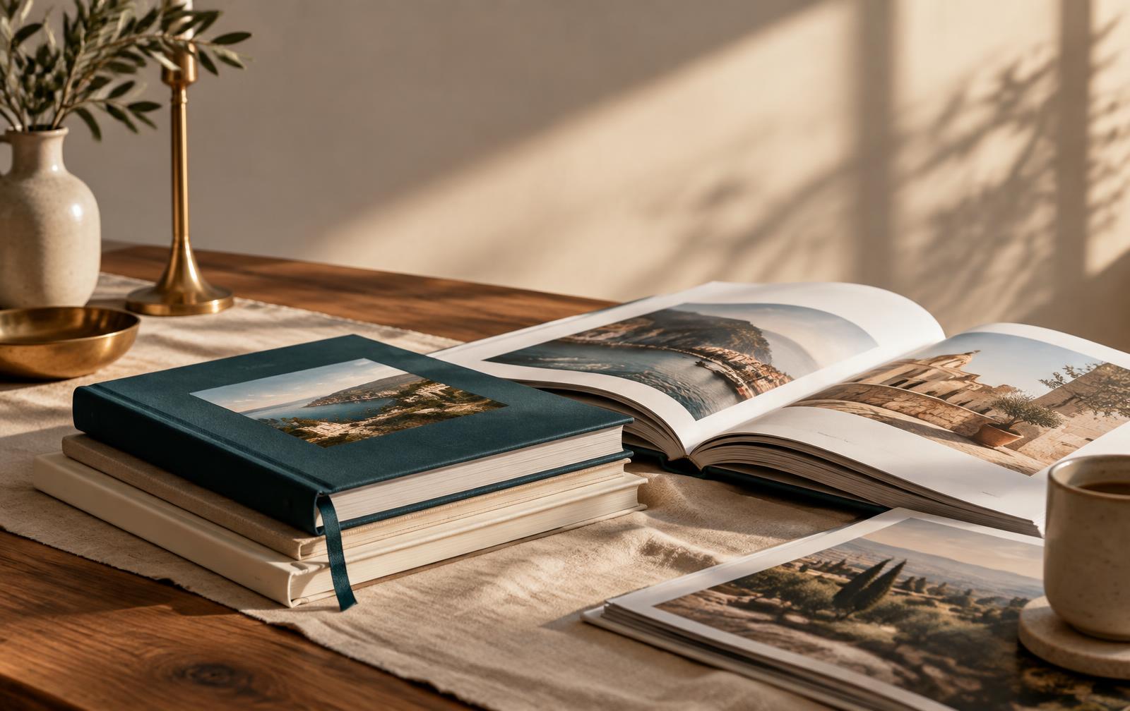 An open travel journal on a table